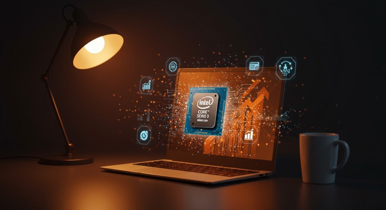 Portátil con procesador Intel Core Series 3 Wildcat Lake mostrando IA integrada y eficiencia energética para startups en un entorno tecnológico moderno.