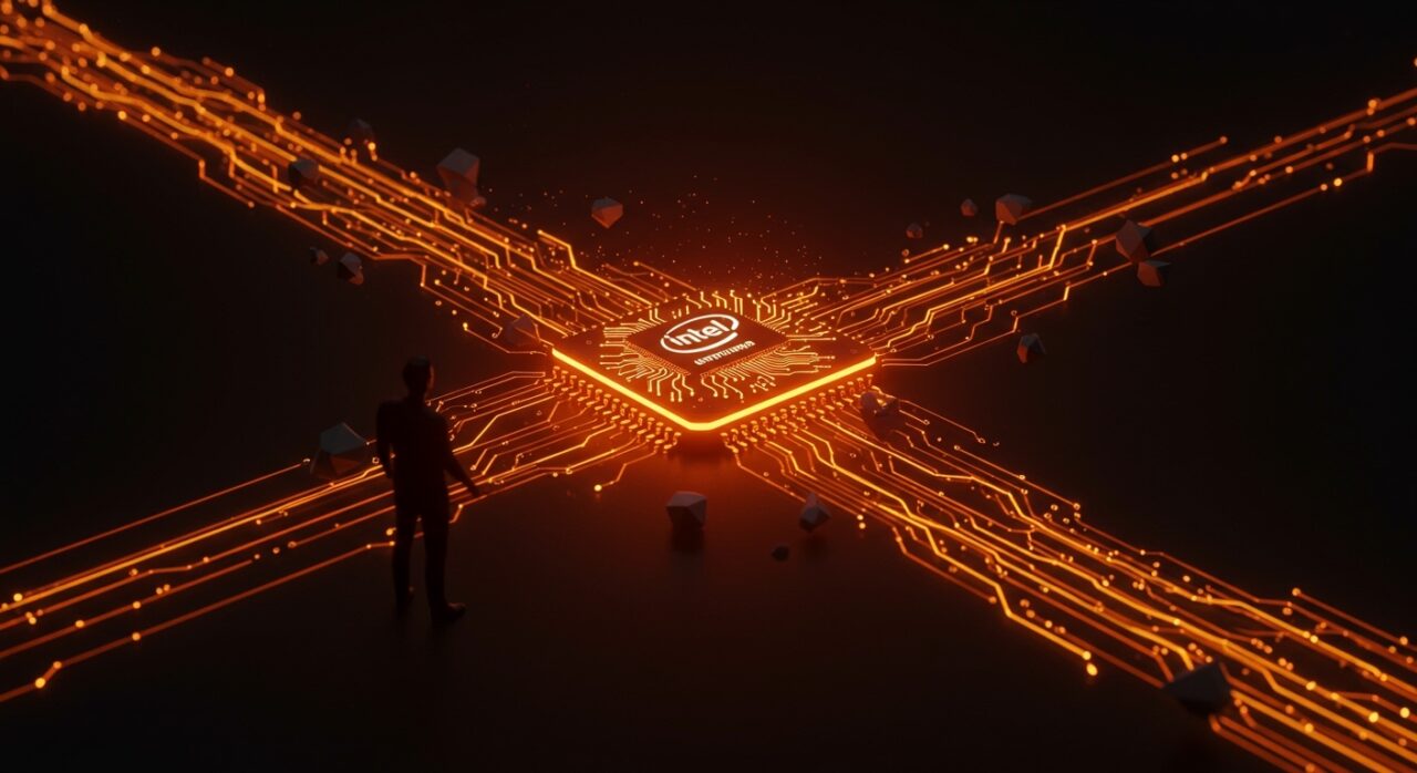 Inversión de Intel en SambaNova destacada con visual de fundador tecnológico y chip de semiconductores de IA en paleta naranja y negro.