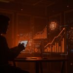 Fundador tecnológico frente a interfaz digital con gráficos de crecimiento y microchips, simbolizando el éxito de Intel en IA y Data Center startups.