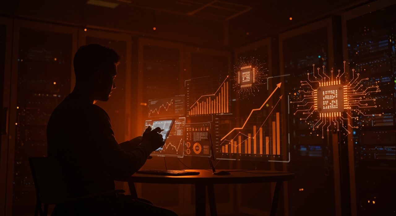 Fundador tecnológico frente a interfaz digital con gráficos de crecimiento y microchips, simbolizando el éxito de Intel en IA y Data Center startups.