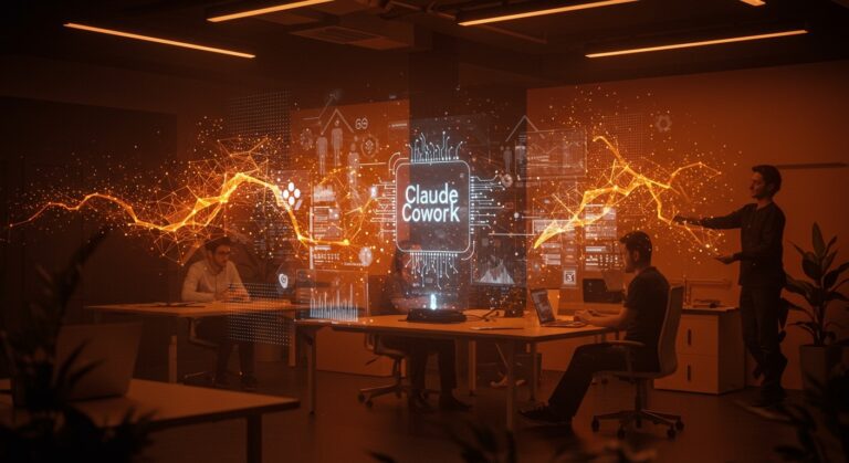 Inteligencia artificial autónoma en startups LATAM impulsada por Claude Cowork mostrando colaboración y automatización eficiente.