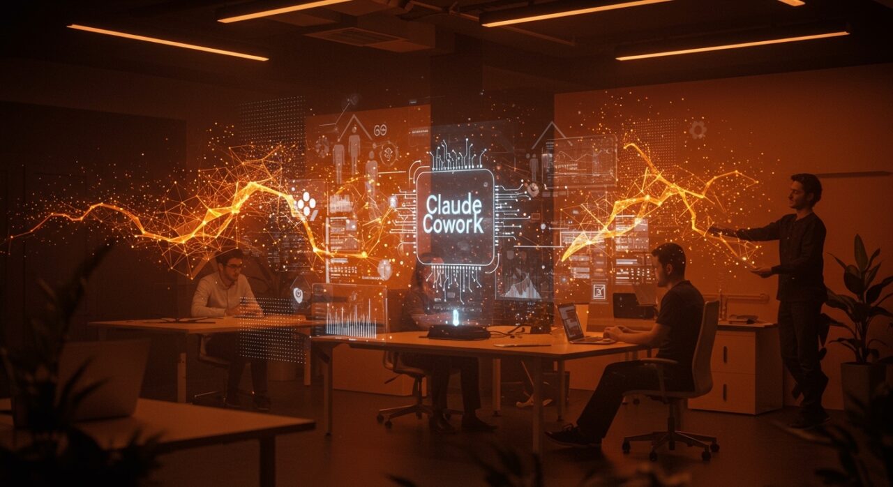 Inteligencia artificial autónoma en startups LATAM impulsada por Claude Cowork mostrando colaboración y automatización eficiente.