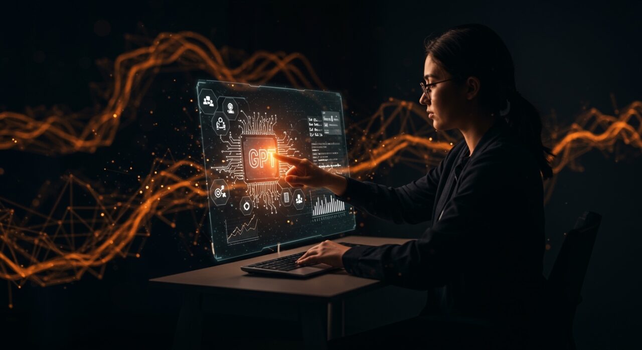 Educadora interactuando con interfaz holográfica de inteligencia artificial generativa aplicada a la educación y startups edtech en hispanoamérica.