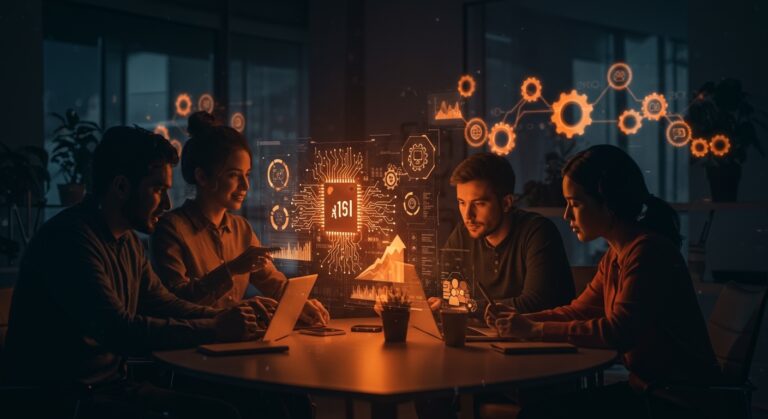 Colaboración de founders en startups impulsadas por inteligencia artificial para productividad y automatización empresarial en 2026.