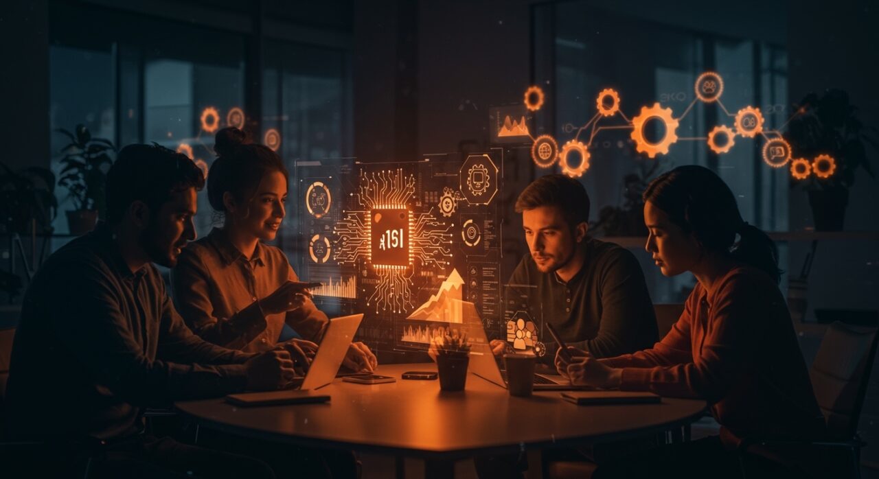 Colaboración de founders en startups impulsadas por inteligencia artificial para productividad y automatización empresarial en 2026.