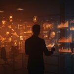 Líder empresarial analizando interfaz digital con inteligencia artificial y automatización en un entorno corporativo moderno.