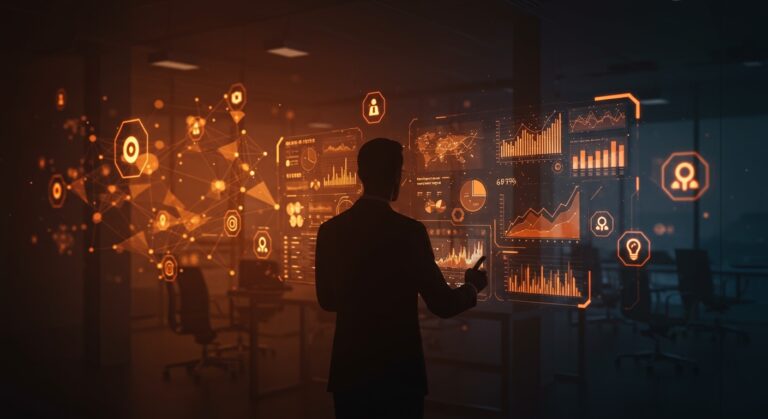 Líder empresarial analizando interfaz digital con inteligencia artificial y automatización en un entorno corporativo moderno.