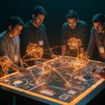 Impacto de la Inteligencia Artificial General en startups latinoamericanas mostrando fundadores tech colaborando con redes neuronales y símbolos de innovación tecnológica.