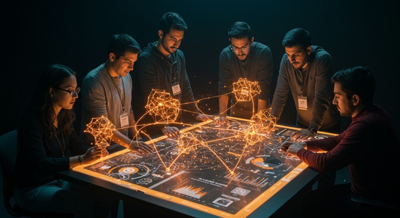 Impacto de la Inteligencia Artificial General en startups latinoamericanas mostrando fundadores tech colaborando con redes neuronales y símbolos de innovación tecnológica.