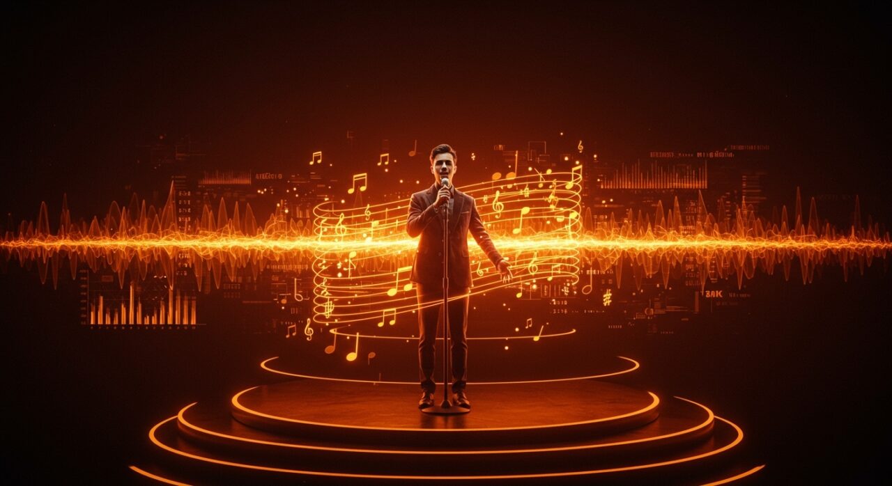 Eddie Dalton, cantante de inteligencia artificial, destacando la disrupción y tendencias en la industria musical digital con IA.