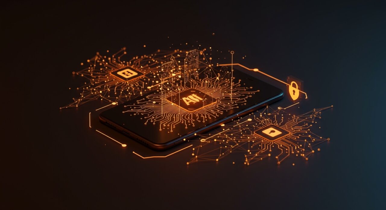 Dispositivo móvil con modelos de inteligencia artificial local que simbolizan privacidad y control en IA sin conexión para founders tech.