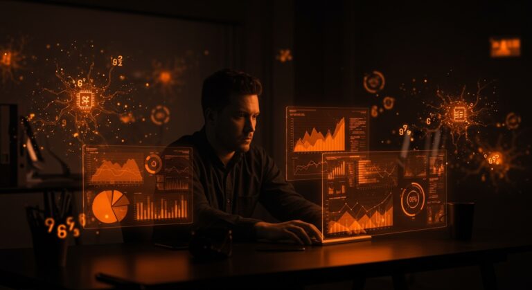 Fundador de startup tech tomando mejores decisiones con inteligencia artificial y análisis de probabilidad en ambiente moderno oscuro con elementos visuales de redes neuronales y datos digitales.