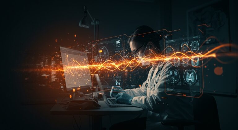 Radiología e inteligencia artificial en salud con visualización de redes neuronales y automatización tecnológica en startups healthtech.