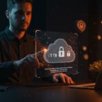 Almacenamiento en la nube barato con cifrado zero-knowledge para empresas startup cumpliendo GDPR, representado en una escena futurista con interfaz holográfica.