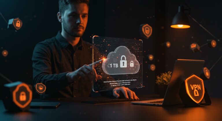 Almacenamiento en la nube barato con cifrado zero-knowledge para empresas startup cumpliendo GDPR, representado en una escena futurista con interfaz holográfica.