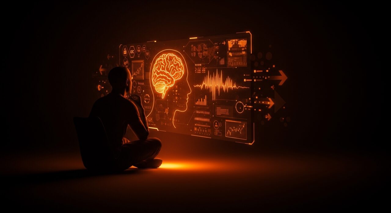 Fundador tecnológico en introspección iluminado en tonos naranja y negro con metáforas visuales de humanismo y tecno-optimismo en el entorno startup.