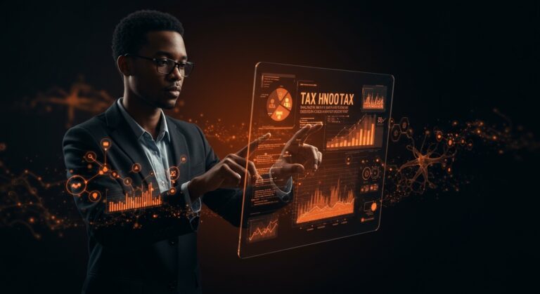 Actualización rápida de regulación fiscal con inteligencia artificial de Intuit y TurboTax, mostrando tecnología avanzada y grafos de conocimiento en fintech.