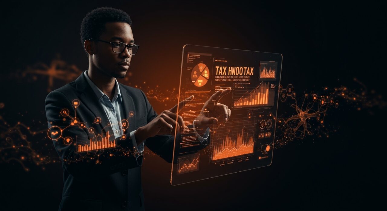 Actualización rápida de regulación fiscal con inteligencia artificial de Intuit y TurboTax, mostrando tecnología avanzada y grafos de conocimiento en fintech.