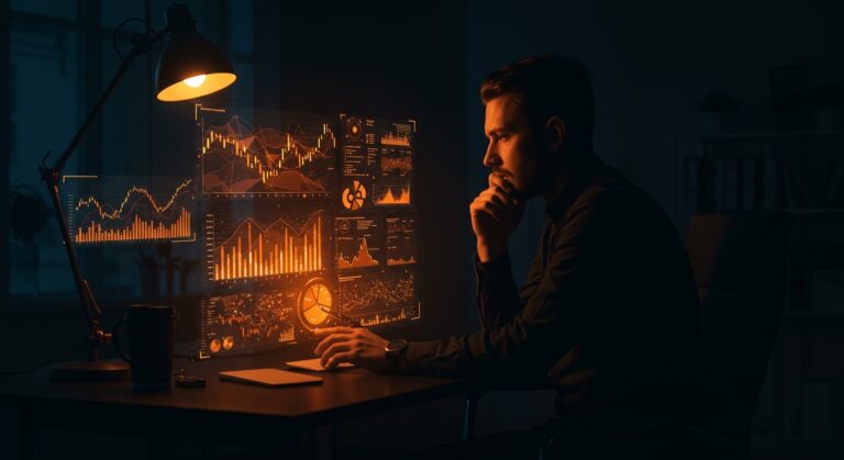 Fundador analizando inversiones inteligentes con inteligencia artificial en mercados financieros, destacando la combinación de juicio humano y tecnología.