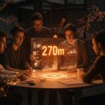 Inversiones en startups argentinas con emprendedores colaborando sobre un holograma financiero en sectores fintech y biotecnología mostrando señales de crecimiento y venture capital.