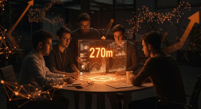 Inversiones en startups argentinas con emprendedores colaborando sobre un holograma financiero en sectores fintech y biotecnología mostrando señales de crecimiento y venture capital.