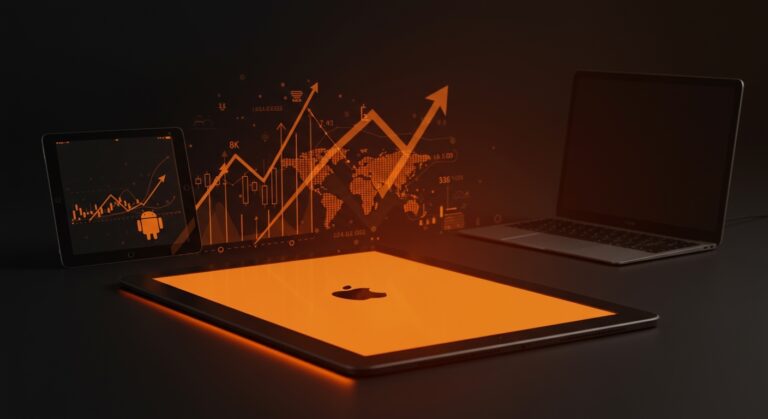 iPad Neo de Apple iluminado en colores naranja y negro, simbolizando su impacto revolucionario en el mercado tecnológico y ecosistema startup hispano.