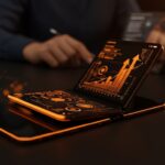 iPhone plegable de Apple presentado con esquema visual de innovación tecnológica y tendencias del mercado para startups y desarrolladores tech.