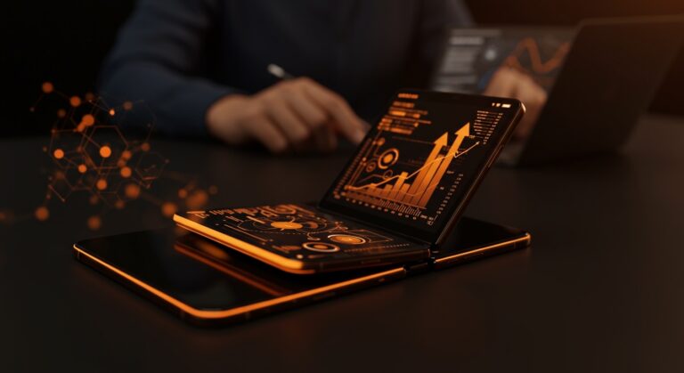 iPhone plegable de Apple presentado con esquema visual de innovación tecnológica y tendencias del mercado para startups y desarrolladores tech.