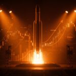 Imagen de un cohete SpaceX iluminado con gráficos financieros que representan su valuación y IPO en el mercado tecnológico.