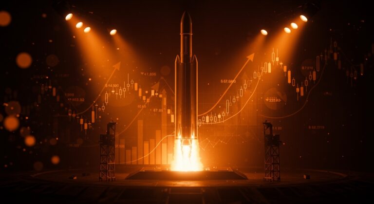 Imagen de un cohete SpaceX iluminado con gráficos financieros que representan su valuación y IPO en el mercado tecnológico.