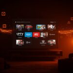 Plataformas IPTV legales en España 2026 con interfaz digital mostrando opciones oficiales y simbolizando riesgos de piratería en el mercado streaming.