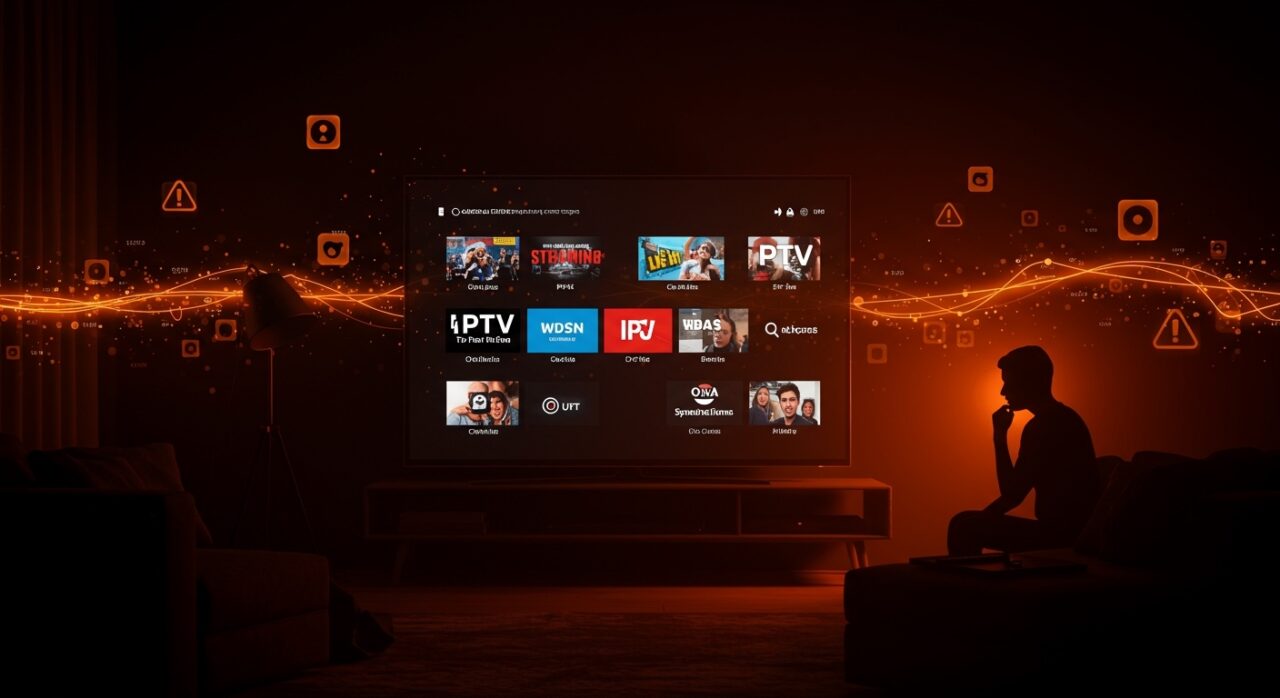 Plataformas IPTV legales en España 2026 con interfaz digital mostrando opciones oficiales y simbolizando riesgos de piratería en el mercado streaming.