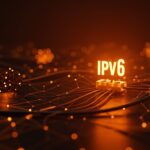 Transición tecnológica de IPv4 a IPv6 en startups de internet representada con redes digitales y flujos de datos en colores naranja y negro.