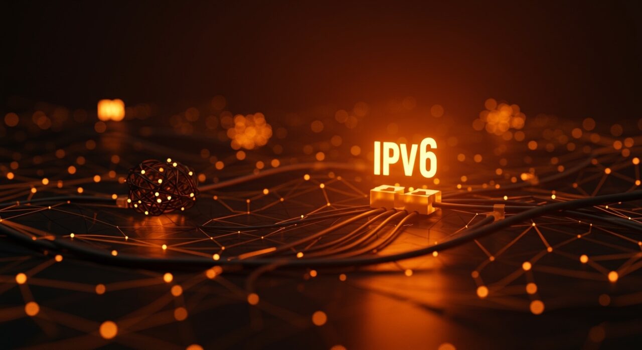 Transición tecnológica de IPv4 a IPv6 en startups de internet representada con redes digitales y flujos de datos en colores naranja y negro.