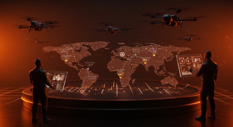 Drones militares iraníes atacando bases de EE.UU. representando tecnología de defensa, guerra asimétrica y ciberseguridad para startups.