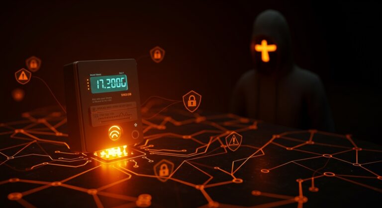 Medidor inteligente en riesgo por ciberataque, ilustrando vulnerabilidad en infraestructura crítica y ciberseguridad para startups.