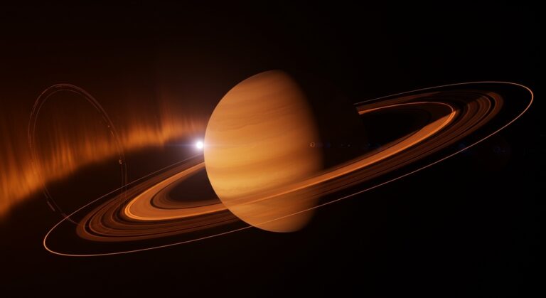 Imagen del Telescopio James Webb observando las auroras de Saturno, revelando el ciclo de rotación del planeta en un contexto de ciencia y tecnología espacial.