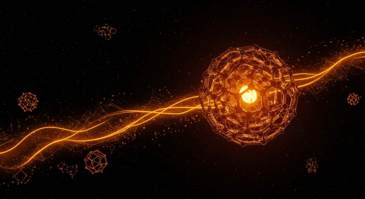 Visualización del fullereno en el espacio con iluminación del telescopio James Webb, destacando oportunidades para startups en nanotecnología y tecnología espacial en 2026.