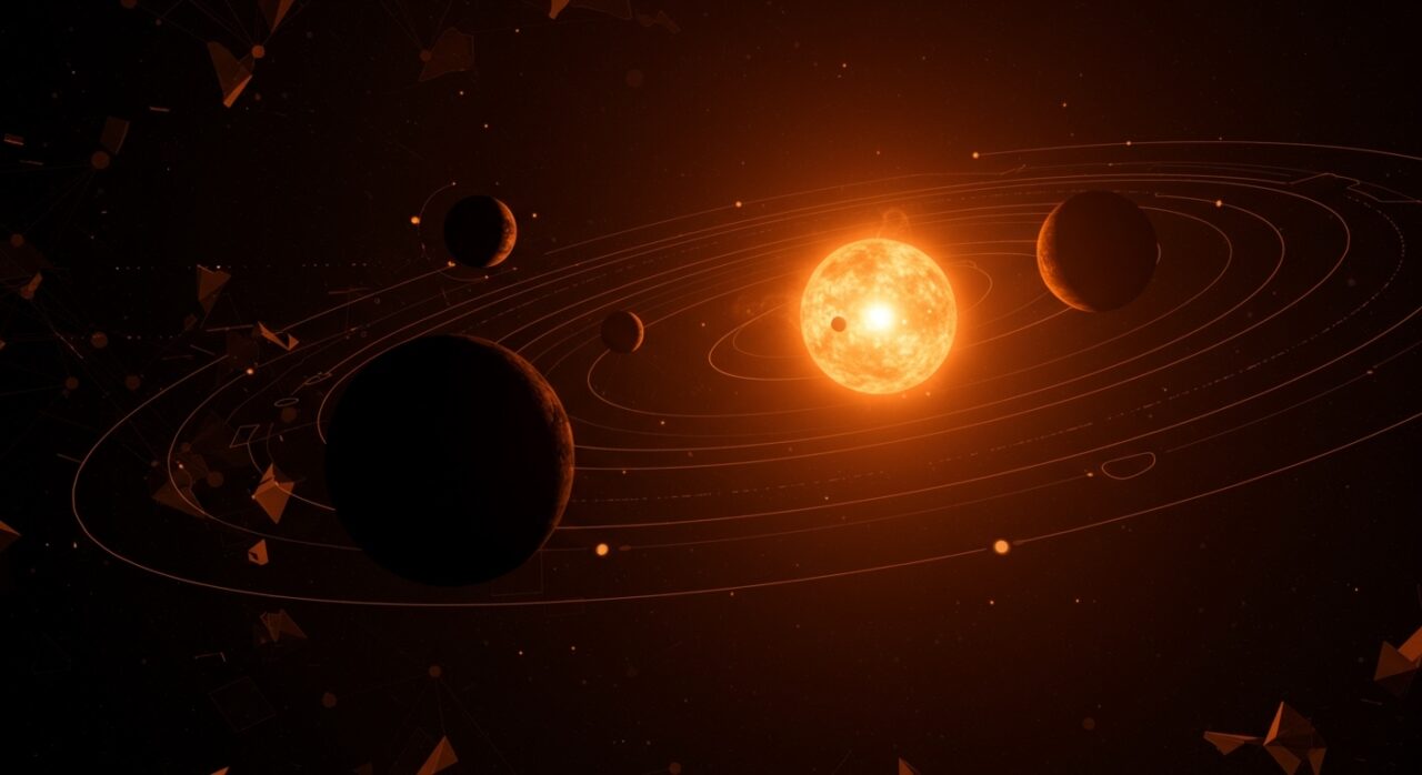 Imagen de los exoplanetas TRAPPIST-1b, c y d sin atmósfera y TRAPPIST-1e con indicios de metano, ilustrando el análisis del telescopio James Webb y su impacto en la búsqueda de vida extraterrestre.