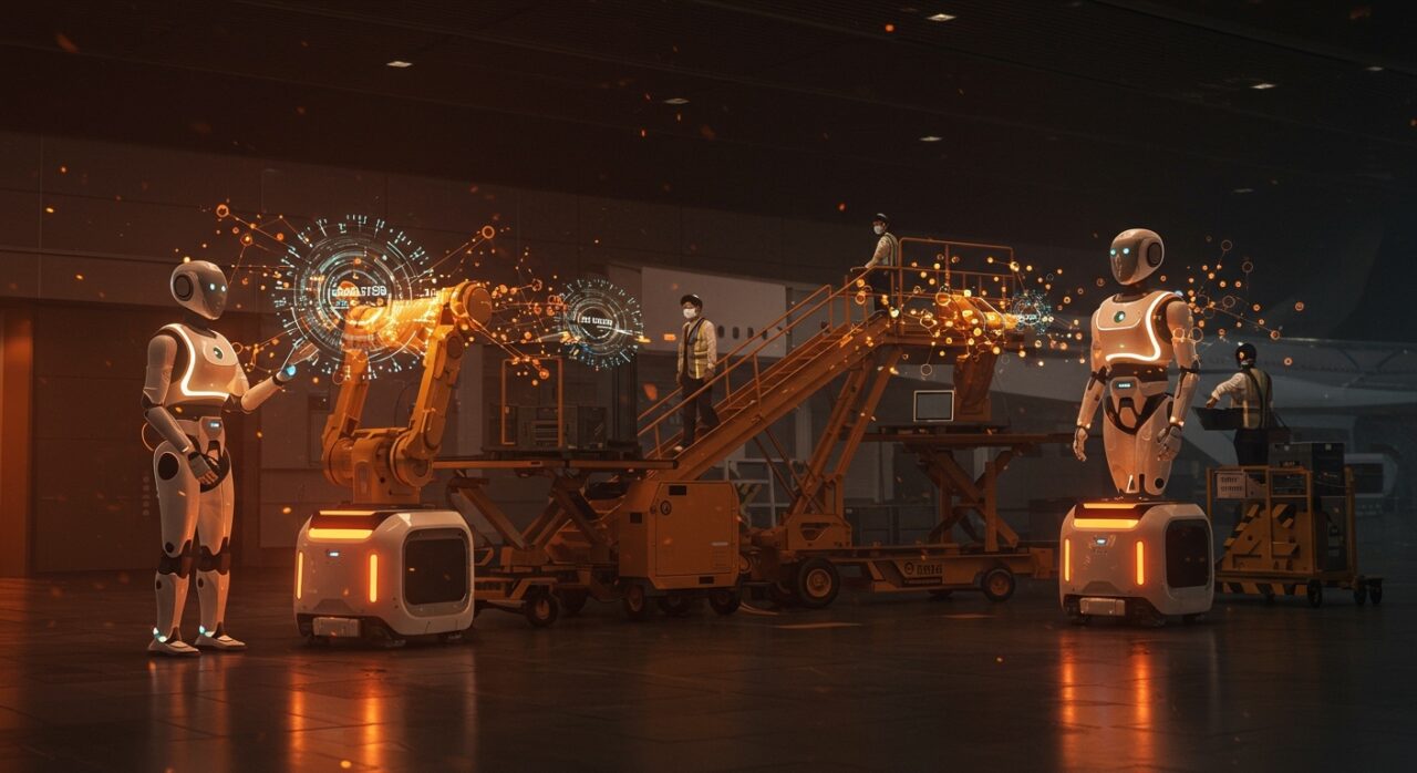 Robots humanoides Unitree G1 en aeropuerto de Haneda automatizando la carga de equipaje para Japan Airlines, destacando la innovación en automatización aeroportuaria y robótica aplicada.