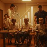 Cuidadores de MMA atendiendo ancianos en Japón, ilustrando innovación social frente al envejecimiento poblacional y la silver economy.