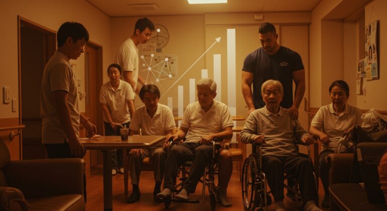 Cuidadores de MMA atendiendo ancianos en Japón, ilustrando innovación social frente al envejecimiento poblacional y la silver economy.