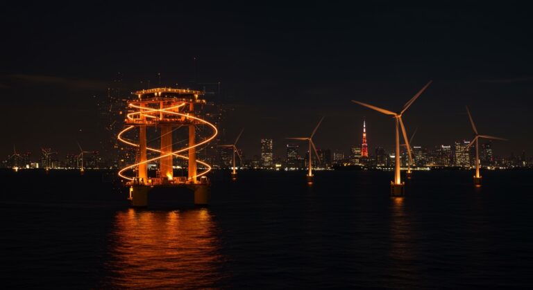 Parque eólico flotante frente a Tokio iluminado con tonos naranja y negro, representando el megaproyecto de energía renovable en Japón para 2035.