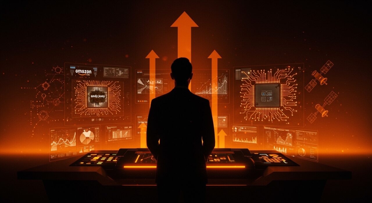 Andy Jassy en imagen editorial frente a pantalla digital, simbolizando la estrategia competitiva de Amazon en chips IA, capex y rivalidad con Nvidia, Intel y Starlink en 2025.