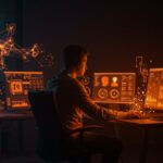 Gestión de sesiones de agentes IA desde terminal en startup con interfaz futurista y visualización de redes neuronales abstractas.