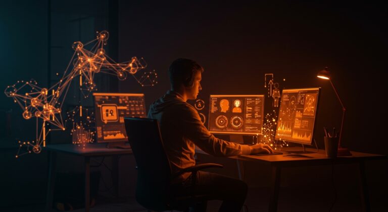 Gestión de sesiones de agentes IA desde terminal en startup con interfaz futurista y visualización de redes neuronales abstractas.