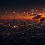 eVTOL de Joby Aviation gestionado por IA en un espacio aéreo urbano futurista, mostrando innovación en movilidad aérea urbana con Flyways AI.