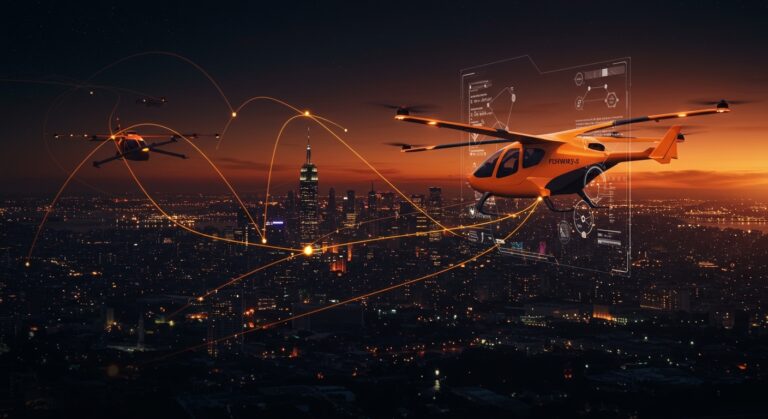 eVTOL de Joby Aviation gestionado por IA en un espacio aéreo urbano futurista, mostrando innovación en movilidad aérea urbana con Flyways AI.