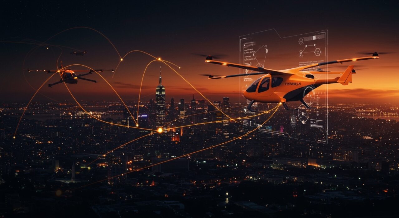 eVTOL de Joby Aviation gestionado por IA en un espacio aéreo urbano futurista, mostrando innovación en movilidad aérea urbana con Flyways AI.