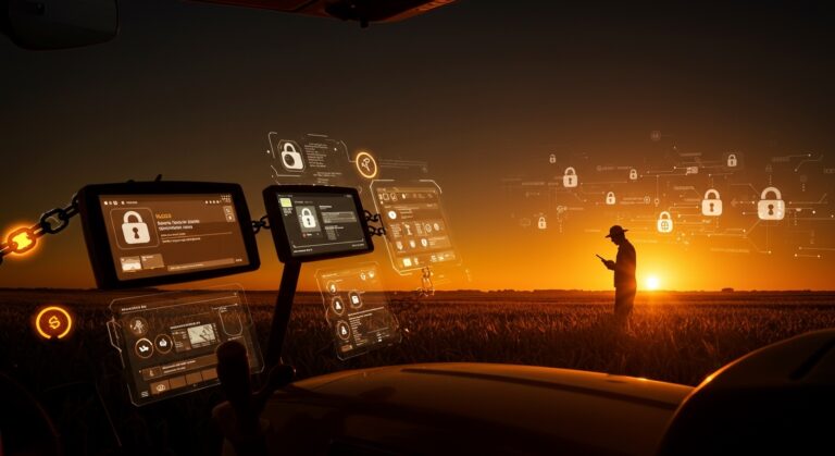 Tractor moderno con software propietario bloqueado y agricultor en campo, ilustrando el derecho a reparar y la demanda colectiva contra John Deere.